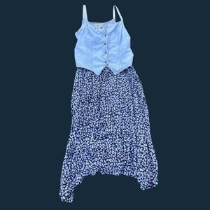 VTG S Roberts Blue Floral Maxi Dress with Buttoned Denim Bodice vintage 90s /y2k